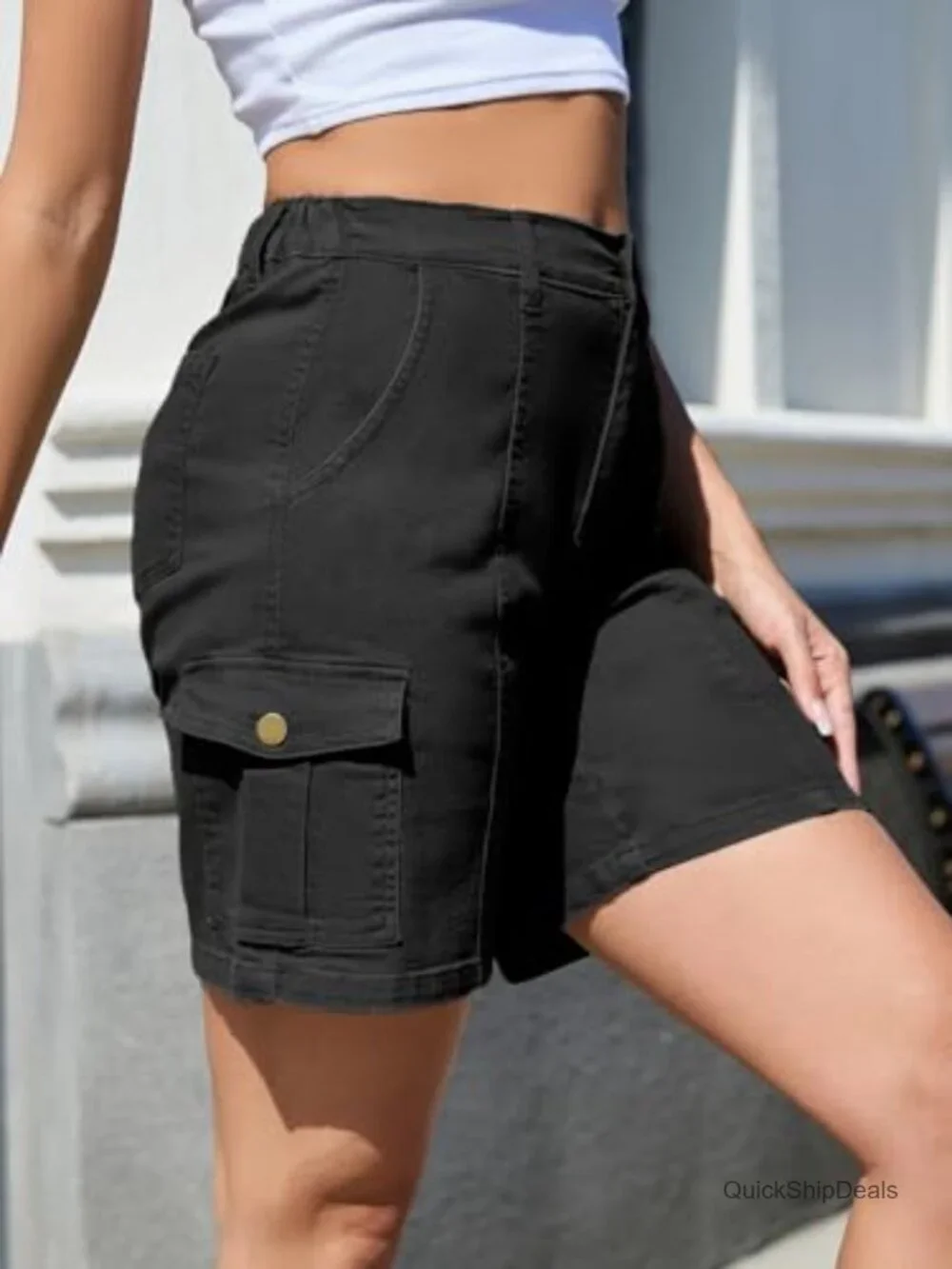 High Waisted Stretchy Bermuda Jean Shorts 7 Inch Inseam with Pockets